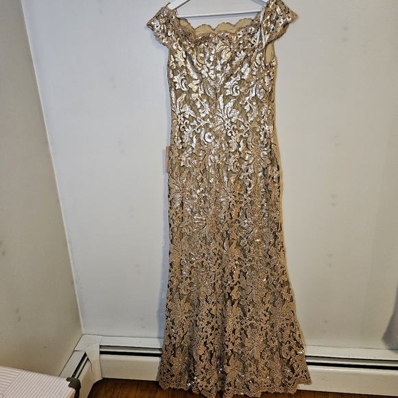 Tadashi Shoji Odette Dress Elegant Gold Lace Gown Wedding Mother of Bride Groom - Picture 7 of 14